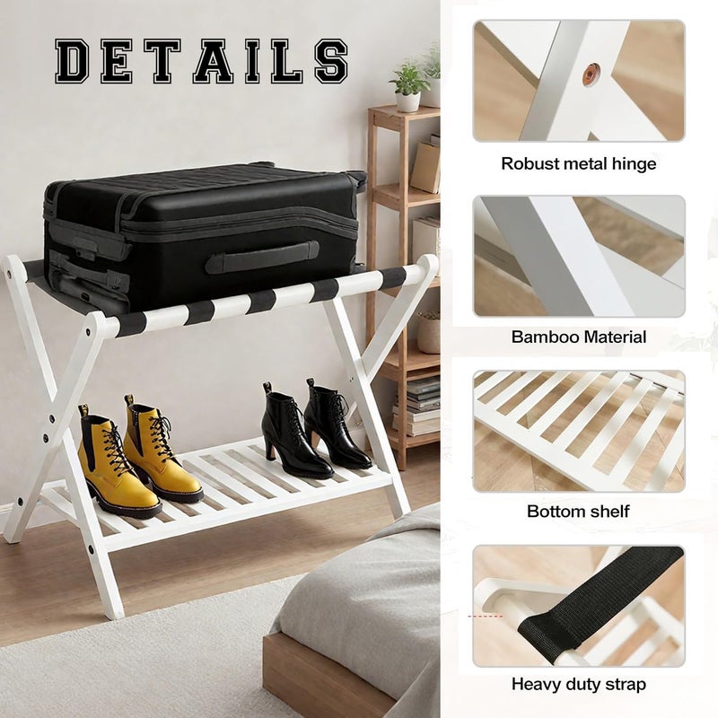 GAOHAPY Bamboo Luggage Rack with Shoe Shelf Folding Suitcase Stand with 5 Heavy-Duty Straps for Guest Room Living Room Hotel Ideal Luggage Holder for Suitcases Bags Shoes,White - Image 2